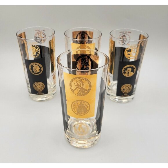 Old World Coins MCM Barware 22kt Gold Black 1960's Mad Men Style Set 4 Highball - Picture 1 of 9